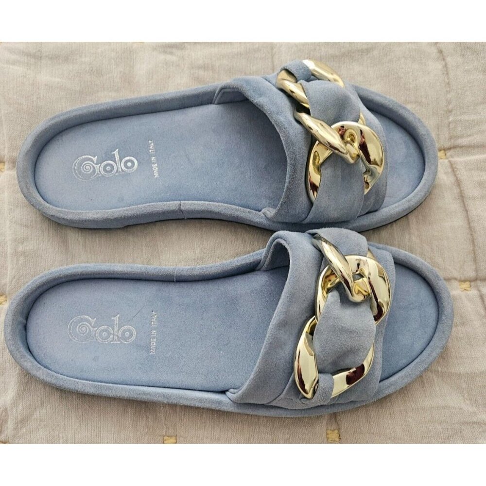Golo Trieste Suede Slide in Celeste Blue with Gold Chain Link Accent Size 7 - Picture 2 of 7